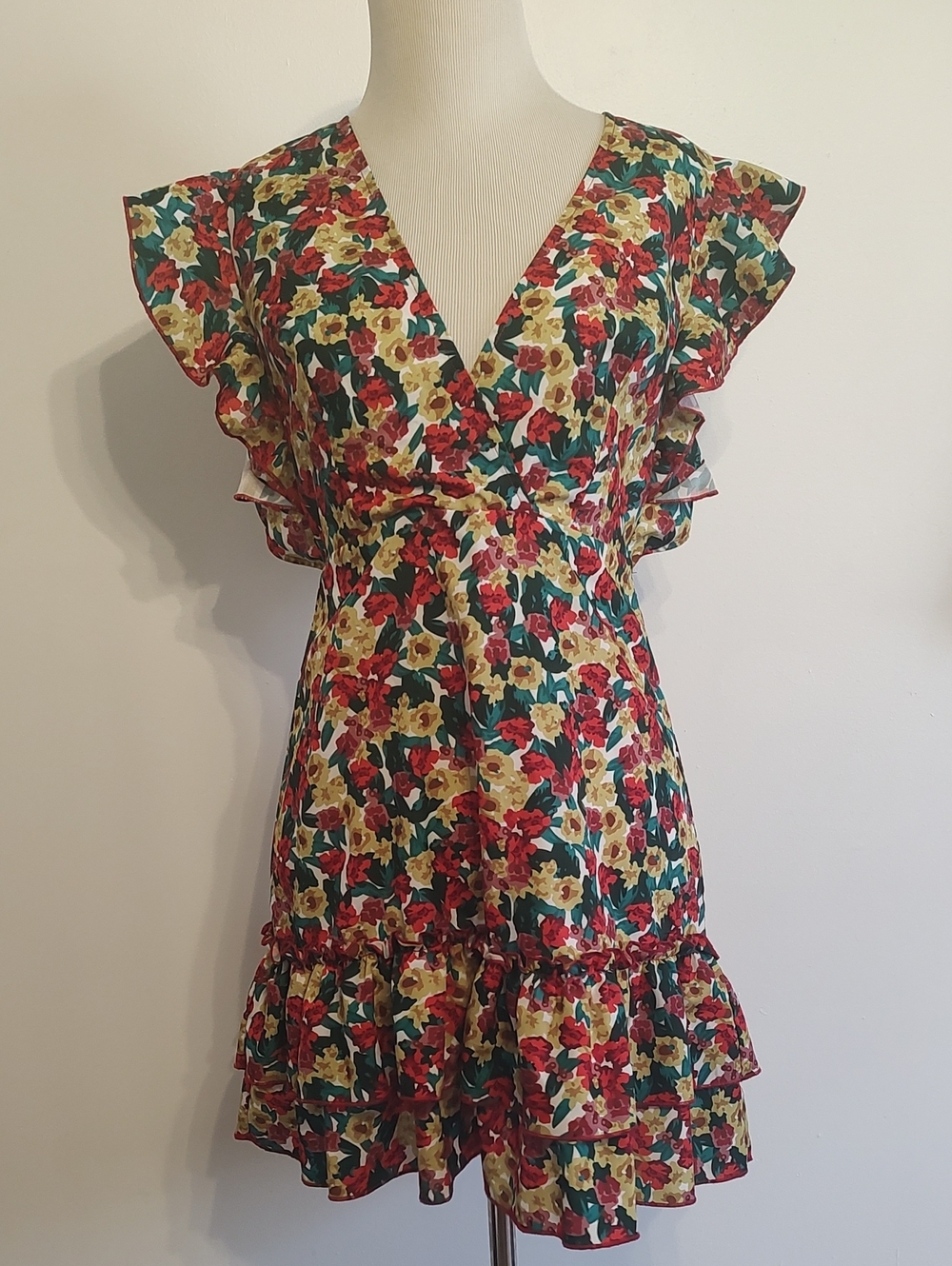SHEIN Red, Green & Yellow Floral V-Neck Ruffle Mini Dress